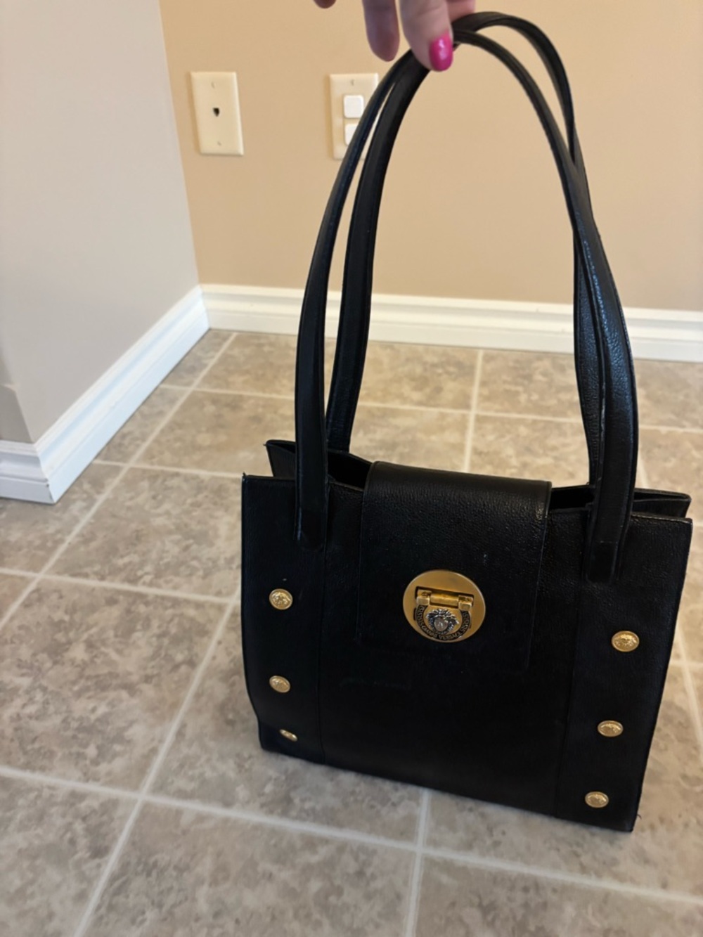 Vintage Versace Black Leather Shoulder Bag with Gold Medallion Hardware